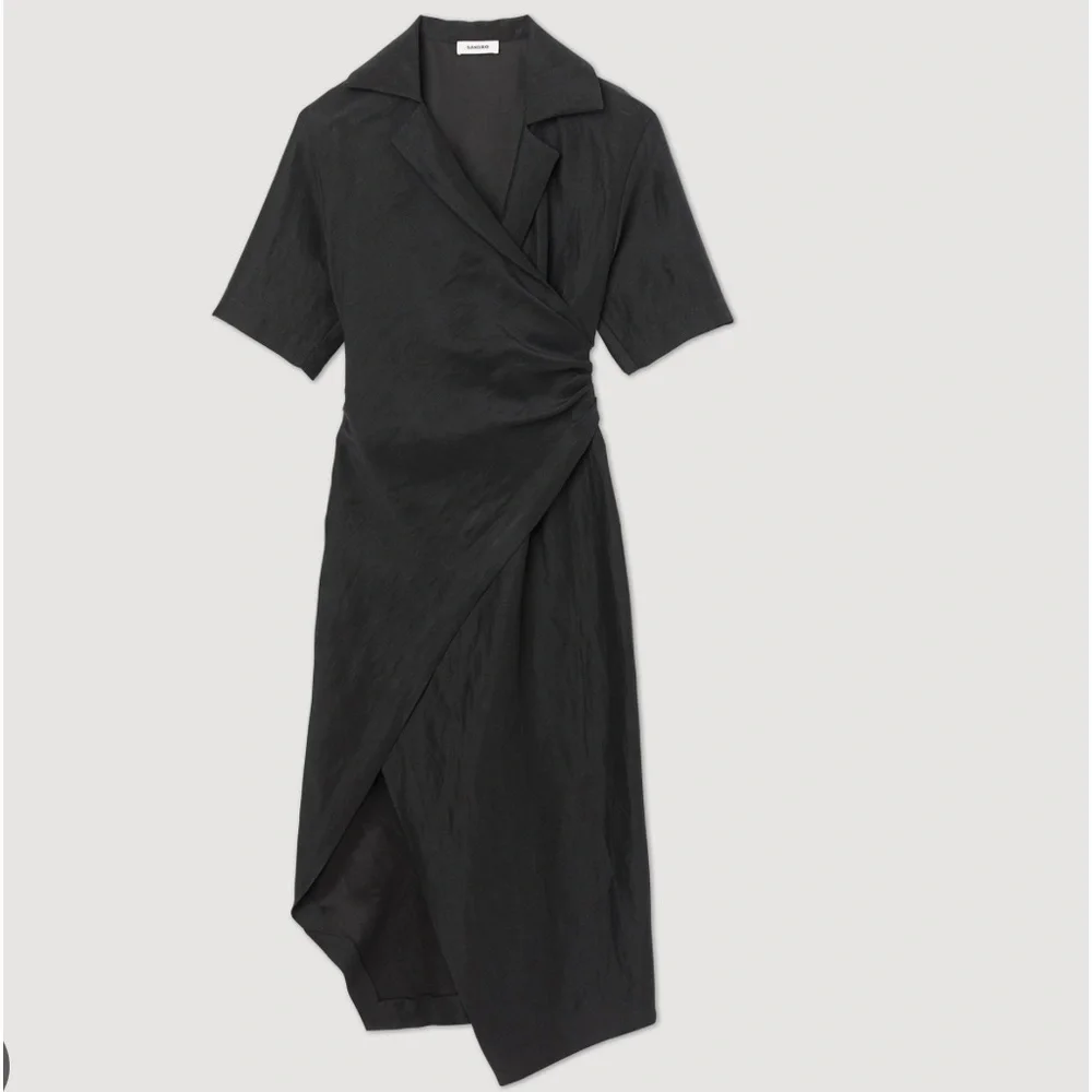 Sandro Paris Clarance Asymmetrical Collared Midi Dress Short Sleeve Linen 40 8